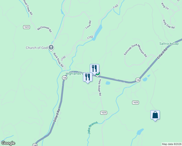 map of restaurants, bars, coffee shops, grocery stores, and more near 7506 Dillard Road in Scaly Mountain