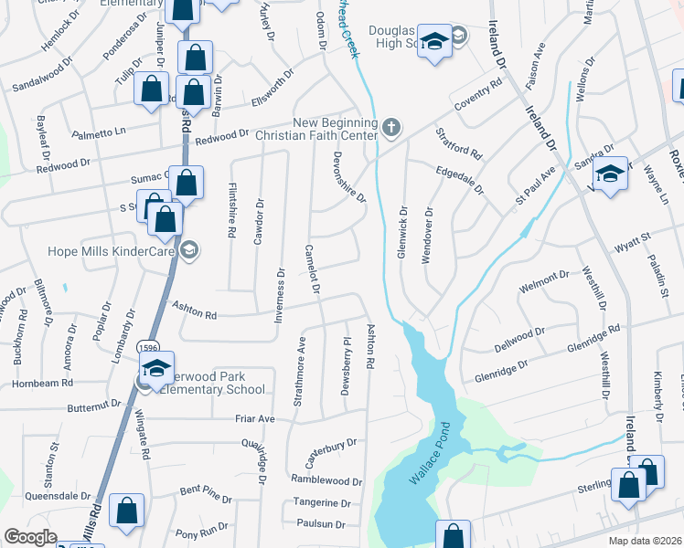 map of restaurants, bars, coffee shops, grocery stores, and more near 4622 Ashton Road in Fayetteville