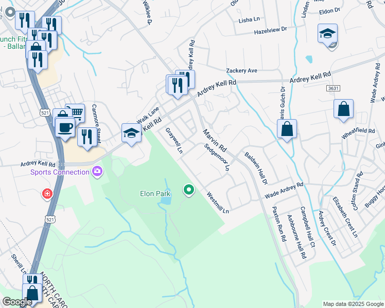 map of restaurants, bars, coffee shops, grocery stores, and more near Woods Corner Court in Charlotte