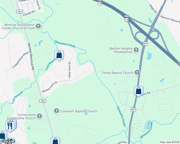 map of restaurants, bars, coffee shops, grocery stores, and more near 621 Barbee Farm Drive in Monroe