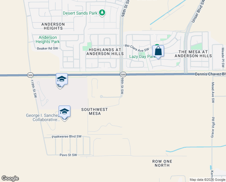 map of restaurants, bars, coffee shops, grocery stores, and more near 10800 Dennis Chaves Blvd in Albuquerque