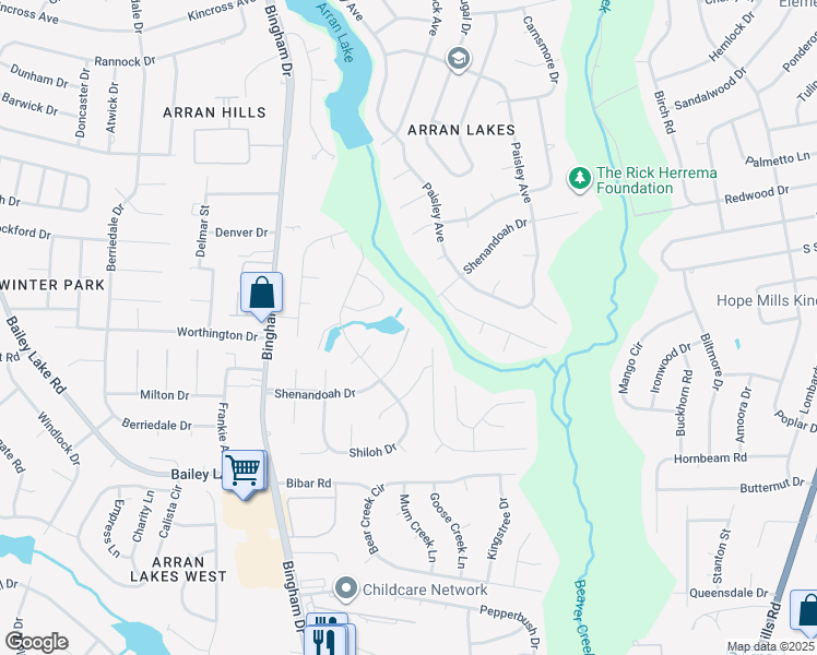 map of restaurants, bars, coffee shops, grocery stores, and more near 5721 Shenandoah Drive in Fayetteville