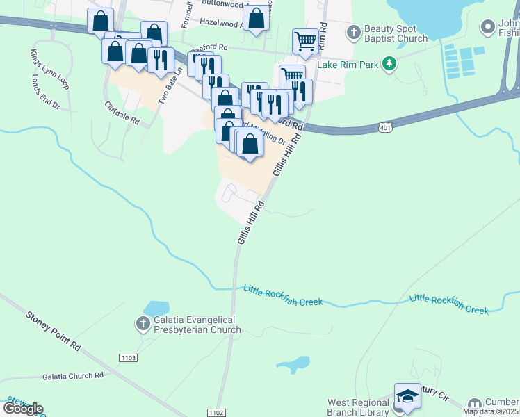 map of restaurants, bars, coffee shops, grocery stores, and more near 2451 Gillis Hill Road in Fayetteville
