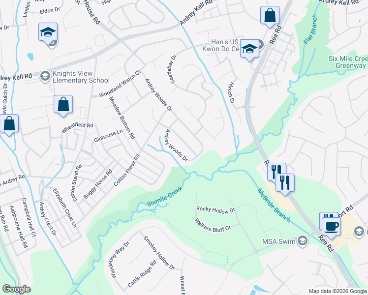 map of restaurants, bars, coffee shops, grocery stores, and more near 9232 Ardrey Woods Drive in Charlotte