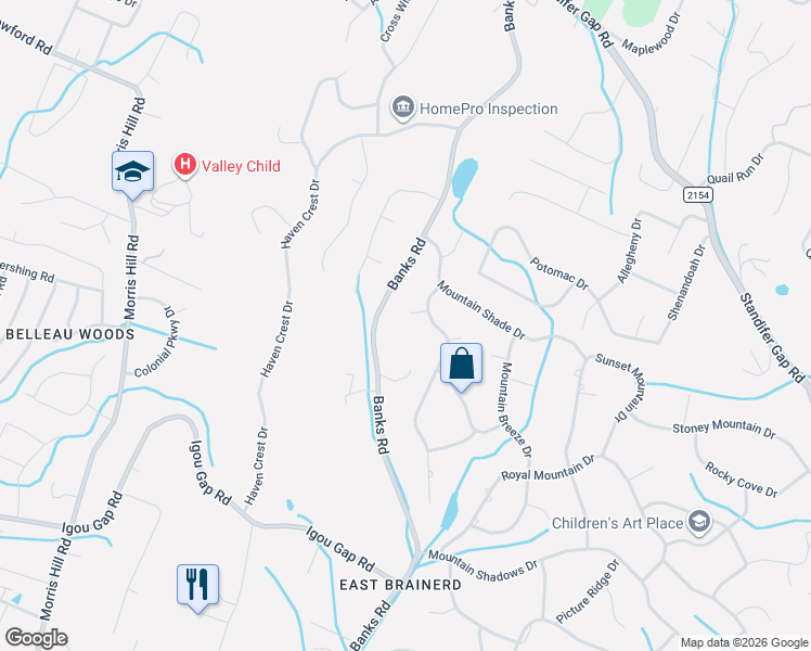 map of restaurants, bars, coffee shops, grocery stores, and more near 5718 Mountain Grove Drive in Chattanooga