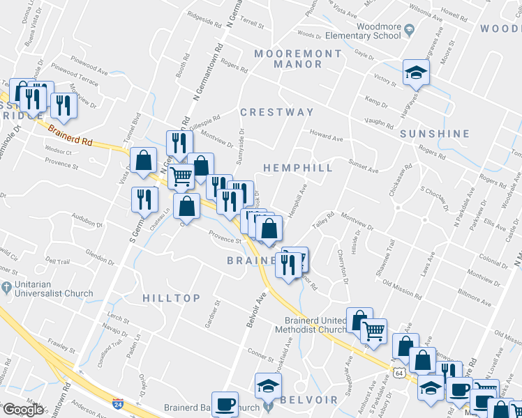 map of restaurants, bars, coffee shops, grocery stores, and more near 3909 Corbley Drive in Chattanooga