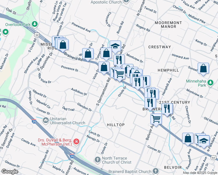 map of restaurants, bars, coffee shops, grocery stores, and more near 3616 Chateau Lane in Chattanooga