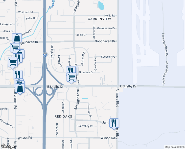 map of restaurants, bars, coffee shops, grocery stores, and more near 4612 Boeingshire Drive in Memphis