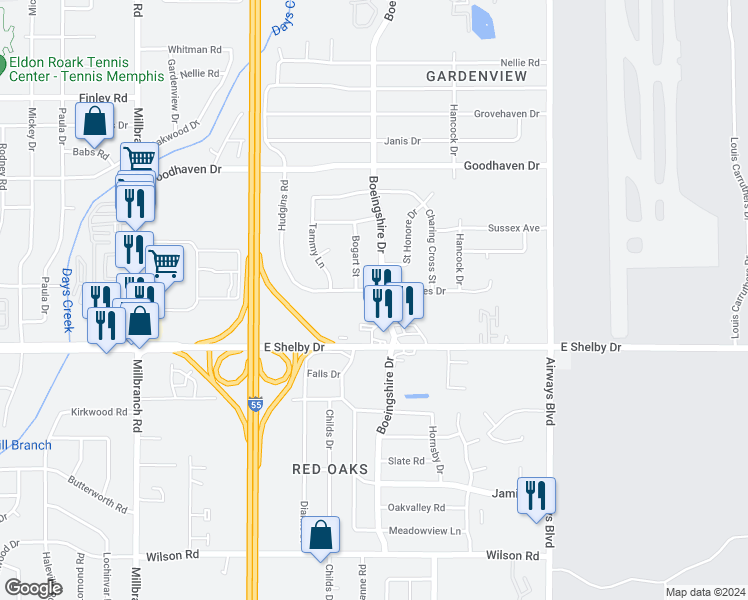 map of restaurants, bars, coffee shops, grocery stores, and more near 4641 Boeingshire Drive in Memphis