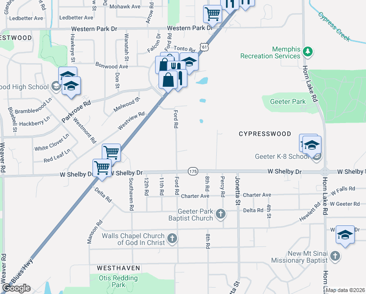 map of restaurants, bars, coffee shops, grocery stores, and more near 4612 Ford Road in Memphis