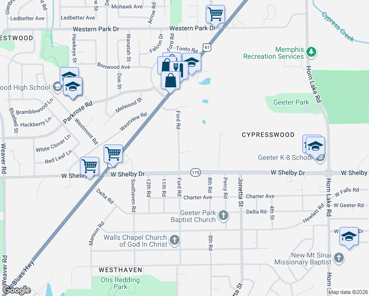 map of restaurants, bars, coffee shops, grocery stores, and more near 4612 Ford Road in Memphis