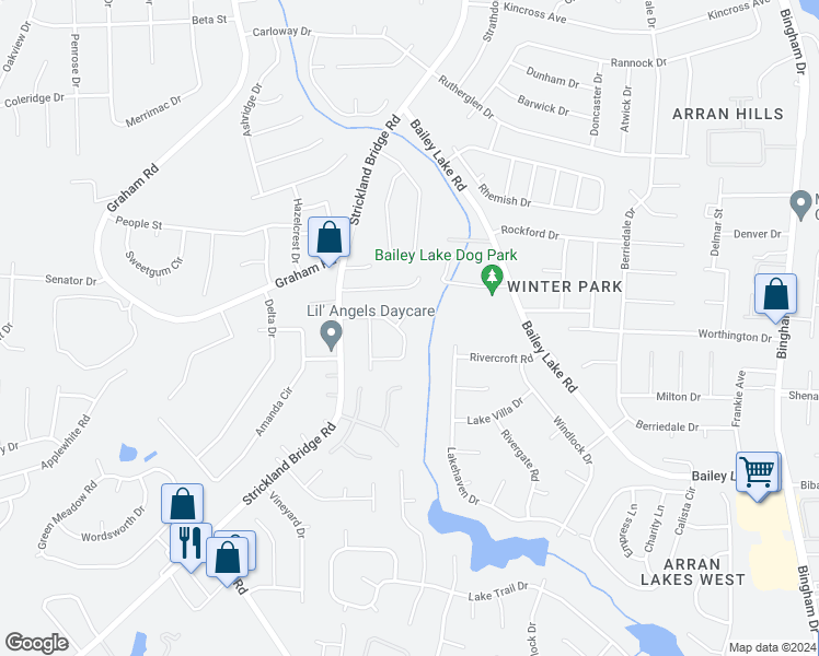 map of restaurants, bars, coffee shops, grocery stores, and more near 2121 Coinjock Circle in Fayetteville