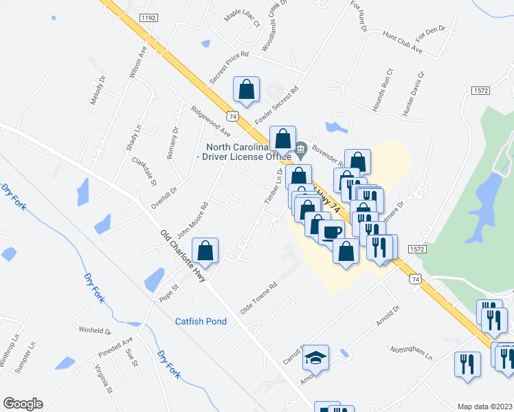 map of restaurants, bars, coffee shops, grocery stores, and more near 1901 Timber Lane Drive in Monroe