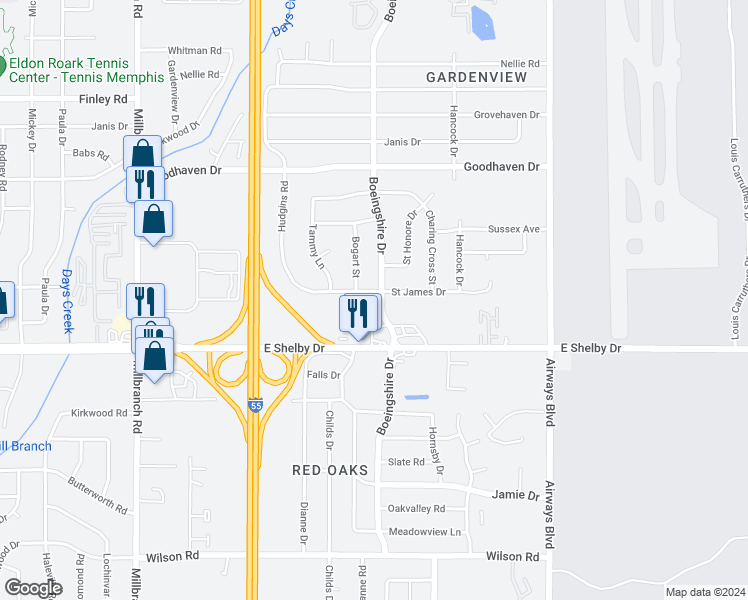 map of restaurants, bars, coffee shops, grocery stores, and more near 4641 Boeingshire Drive in Memphis
