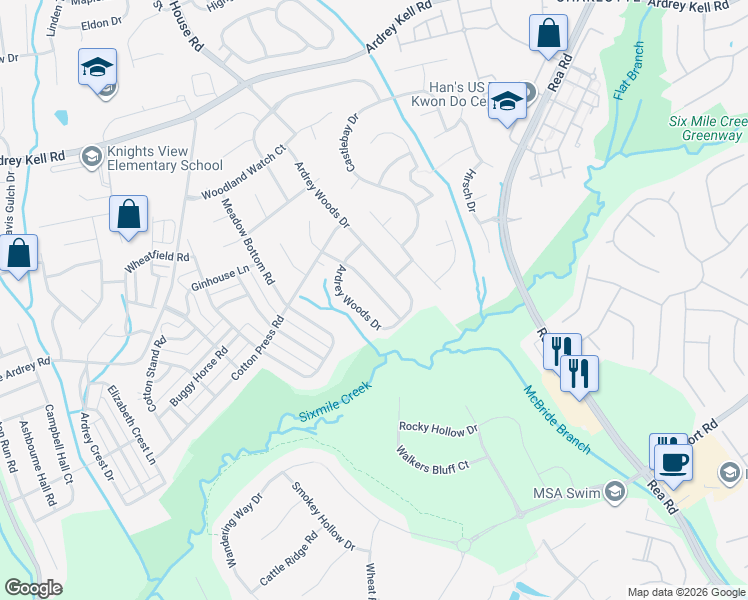 map of restaurants, bars, coffee shops, grocery stores, and more near 9232 Ardrey Woods Drive in Charlotte