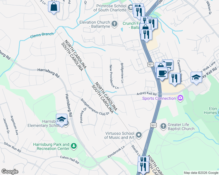 map of restaurants, bars, coffee shops, grocery stores, and more near 12106 Woodcliff Court in Charlotte