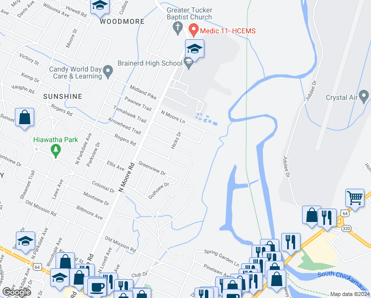 map of restaurants, bars, coffee shops, grocery stores, and more near 5011 Carolyn Lane in Chattanooga