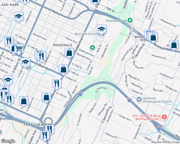 map of restaurants, bars, coffee shops, grocery stores, and more near 2927 East 13th Street in Chattanooga