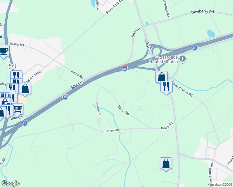 map of restaurants, bars, coffee shops, grocery stores, and more near 421 Burns Road in Spartanburg