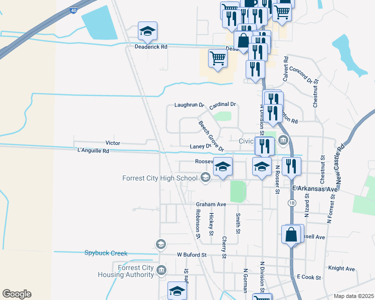 map of restaurants, bars, coffee shops, grocery stores, and more near 268 Laney Drive in Forrest City