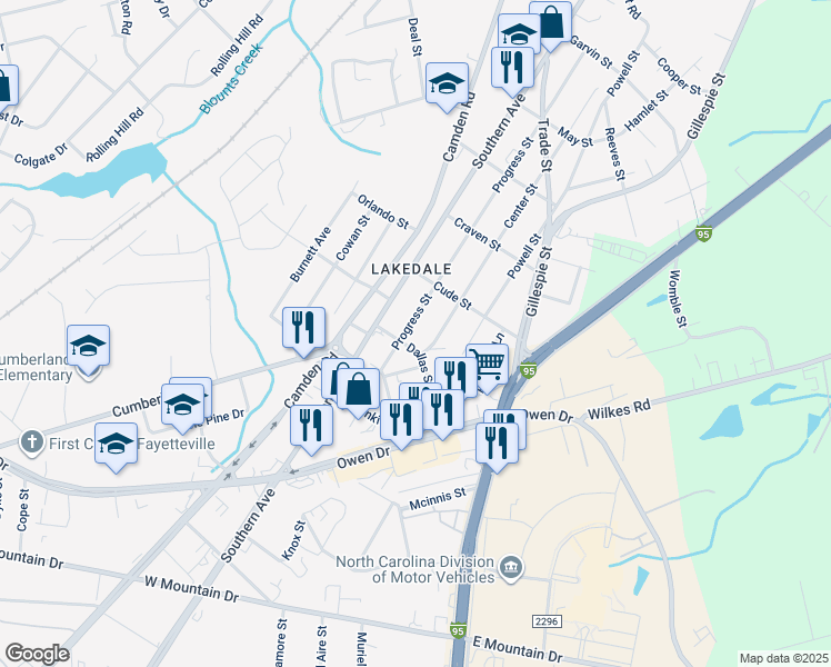 map of restaurants, bars, coffee shops, grocery stores, and more near 2019 Progress Street in Fayetteville