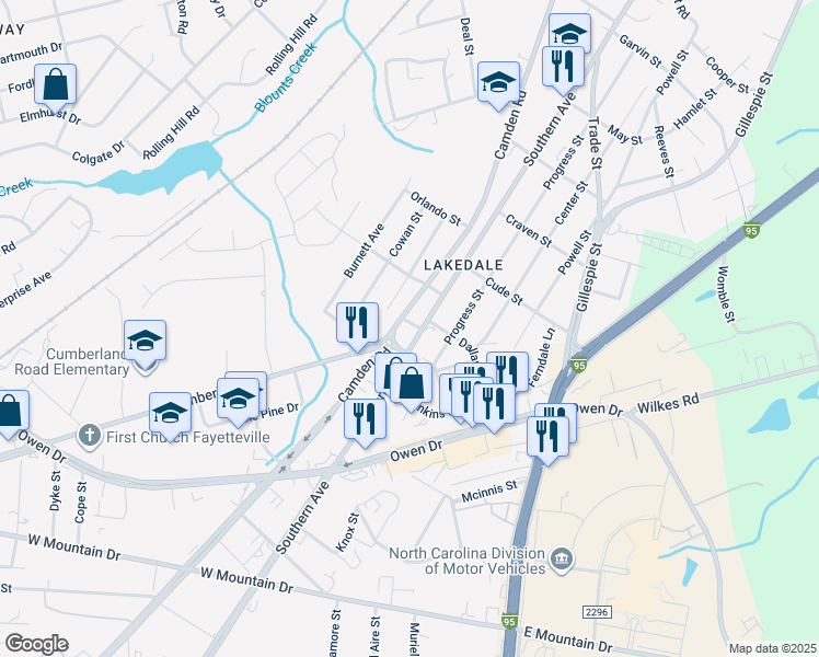map of restaurants, bars, coffee shops, grocery stores, and more near 2112 Cumberland Road in Fayetteville