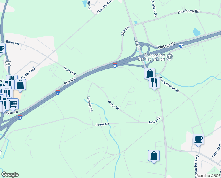 map of restaurants, bars, coffee shops, grocery stores, and more near 421 Burns Road in Spartanburg