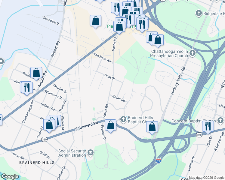 map of restaurants, bars, coffee shops, grocery stores, and more near 1333 Vance Road in Chattanooga