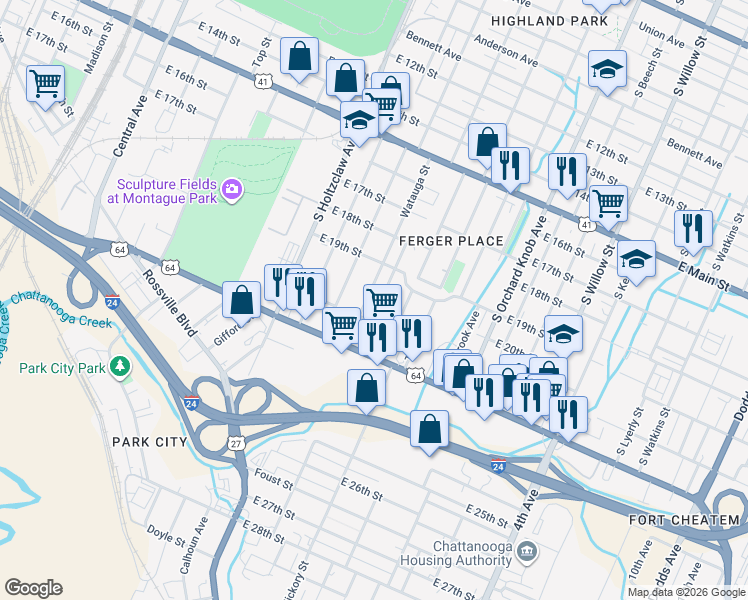 map of restaurants, bars, coffee shops, grocery stores, and more near 1600 East 20th Street in Chattanooga