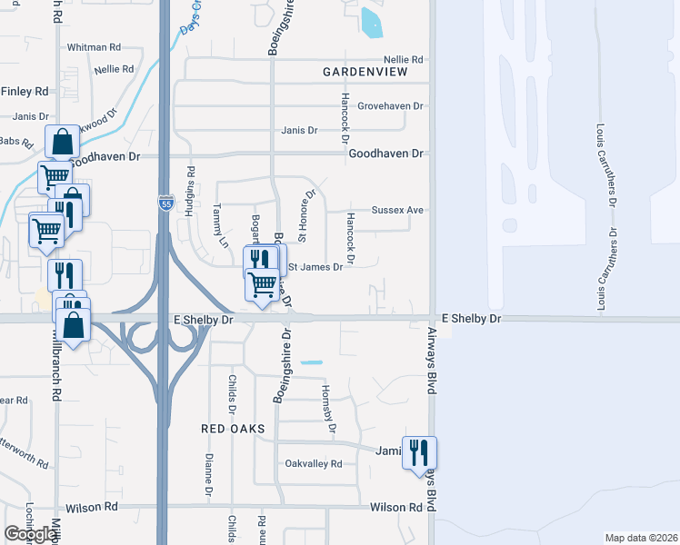 map of restaurants, bars, coffee shops, grocery stores, and more near 4585 Hancock Drive in Memphis