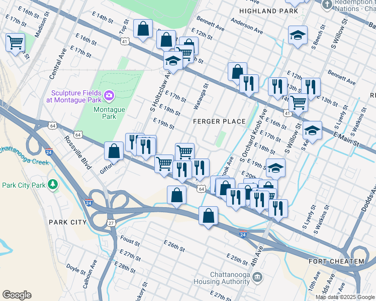 map of restaurants, bars, coffee shops, grocery stores, and more near 1600 East 20th Street in Chattanooga