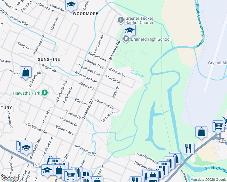 map of restaurants, bars, coffee shops, grocery stores, and more near 4911 Carolyn Lane in Chattanooga