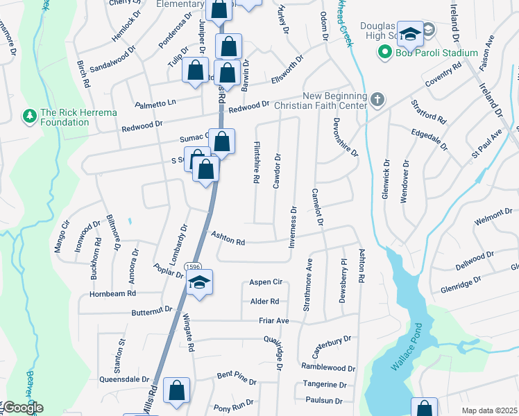 map of restaurants, bars, coffee shops, grocery stores, and more near 1809 Flintshire Road in Fayetteville