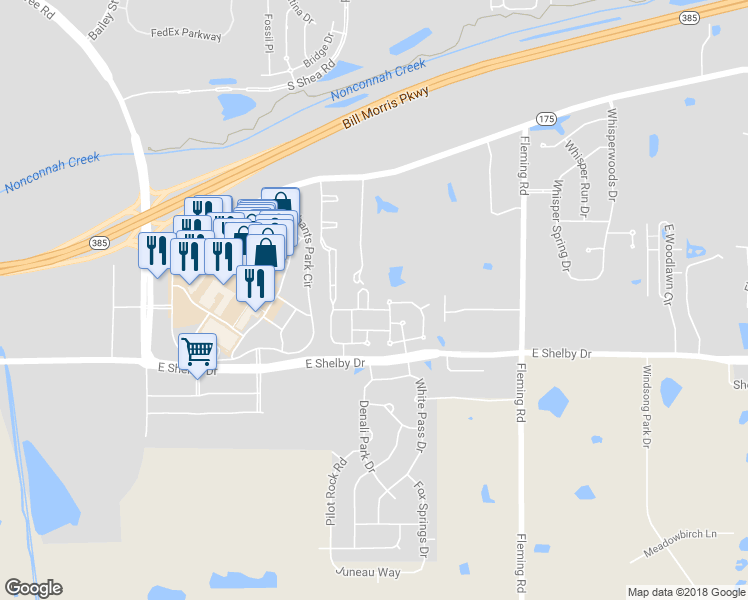 map of restaurants, bars, coffee shops, grocery stores, and more near 4610 Park Side Circle in Collierville