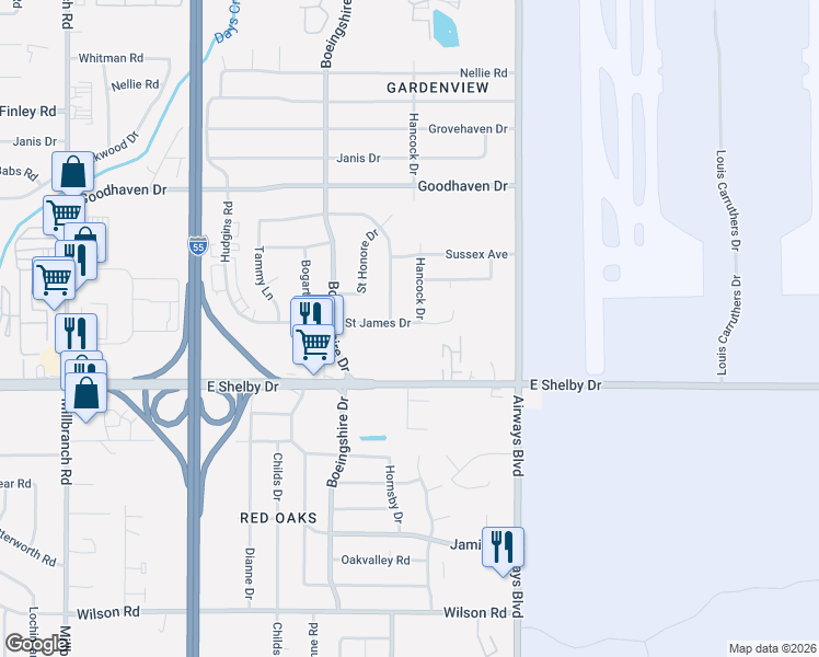map of restaurants, bars, coffee shops, grocery stores, and more near 4585 Hancock Drive in Memphis