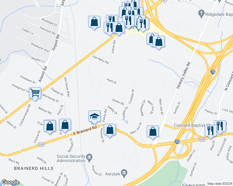 map of restaurants, bars, coffee shops, grocery stores, and more near 1309 Labrea Drive in Chattanooga