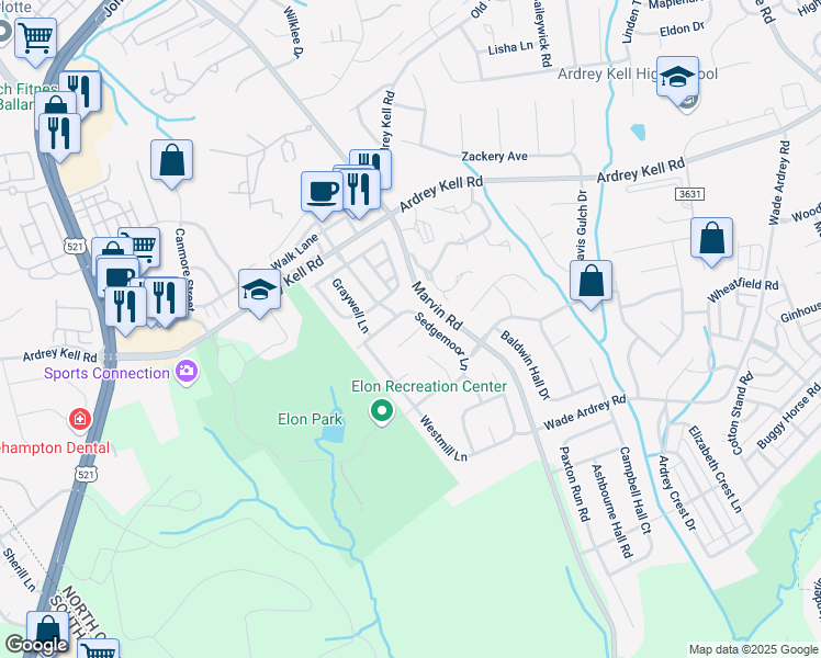 map of restaurants, bars, coffee shops, grocery stores, and more near 11022 Woods Corner Court in Charlotte