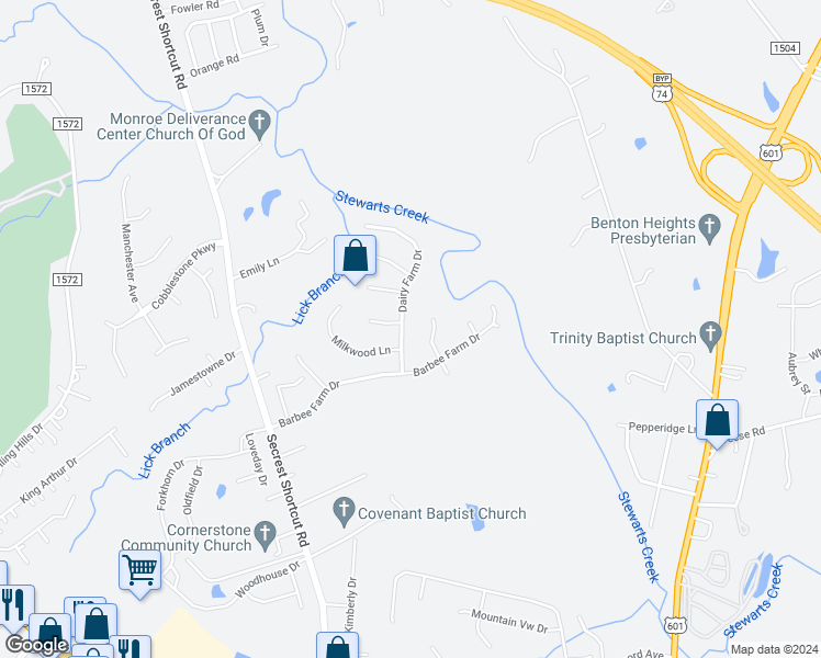 map of restaurants, bars, coffee shops, grocery stores, and more near 2916 Dairy Farm Drive in Monroe