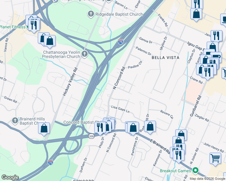 map of restaurants, bars, coffee shops, grocery stores, and more near 1557 North Concord Road in Chattanooga