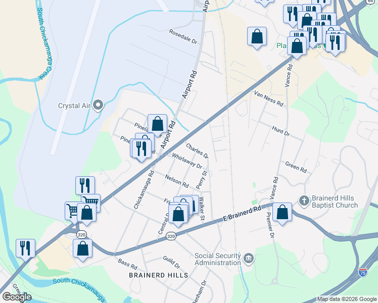 map of restaurants, bars, coffee shops, grocery stores, and more near 5922 Lee Highway in Chattanooga