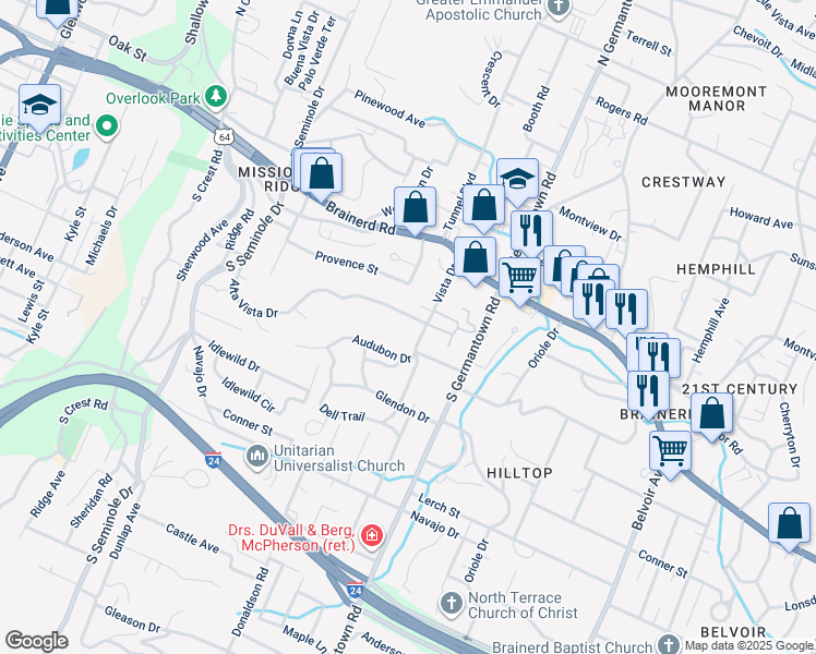 map of restaurants, bars, coffee shops, grocery stores, and more near 35 Vista Drive in Chattanooga