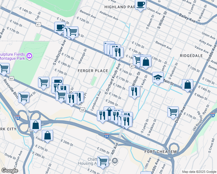 map of restaurants, bars, coffee shops, grocery stores, and more near 1801 South Orchard Knob Avenue in Chattanooga