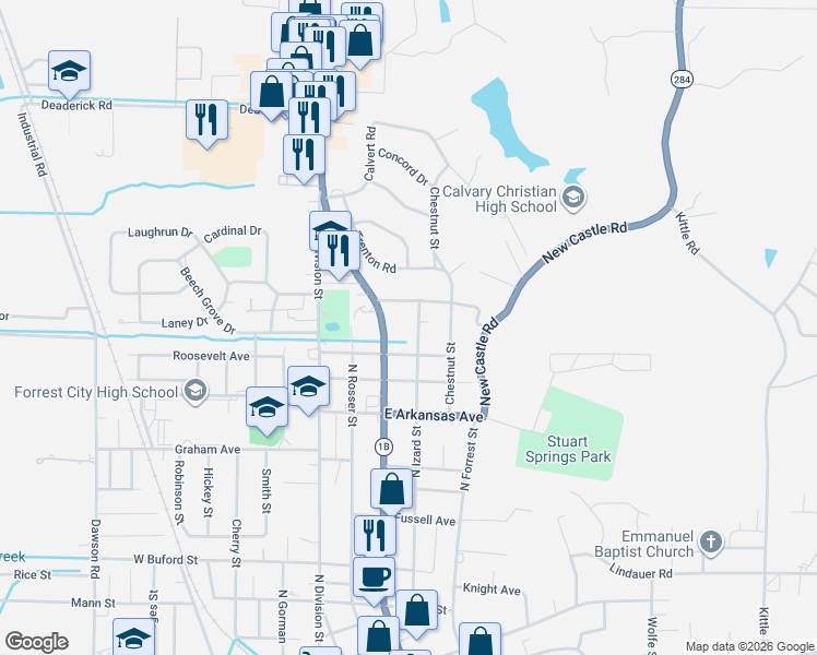 map of restaurants, bars, coffee shops, grocery stores, and more near 1345 North Izard Street in Forrest City