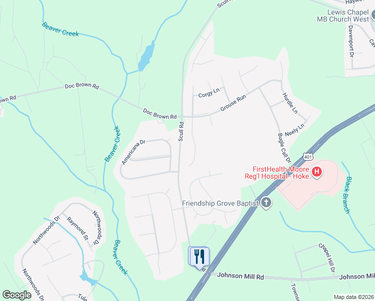 map of restaurants, bars, coffee shops, grocery stores, and more near Scull Road in Raeford