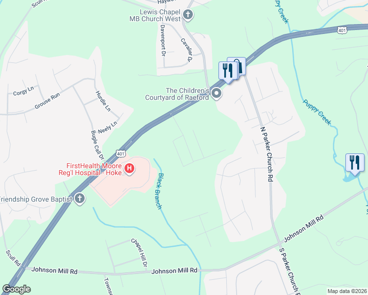map of restaurants, bars, coffee shops, grocery stores, and more near Fayetteville Road in Raeford