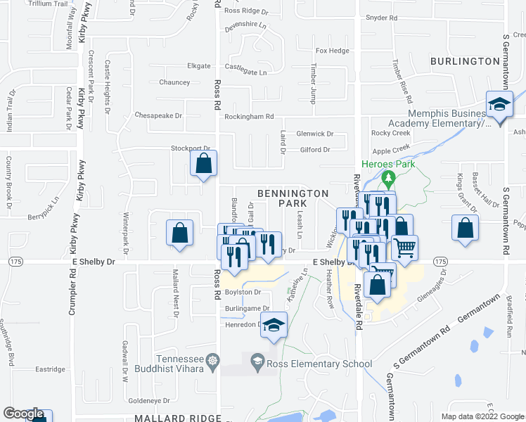 map of restaurants, bars, coffee shops, grocery stores, and more near 4597 Chelwood Drive in Memphis