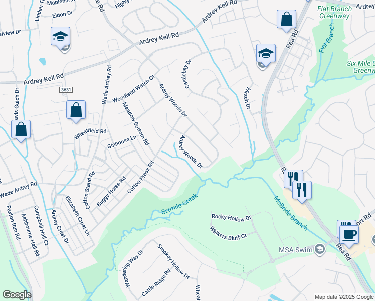 map of restaurants, bars, coffee shops, grocery stores, and more near 9205 Ardrey Woods Drive in Charlotte