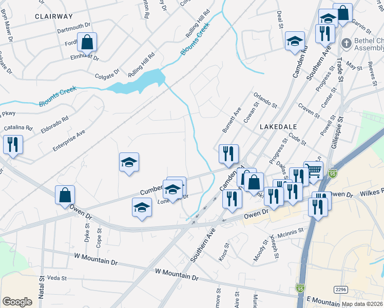 map of restaurants, bars, coffee shops, grocery stores, and more near 2133 Coffman Street in Fayetteville