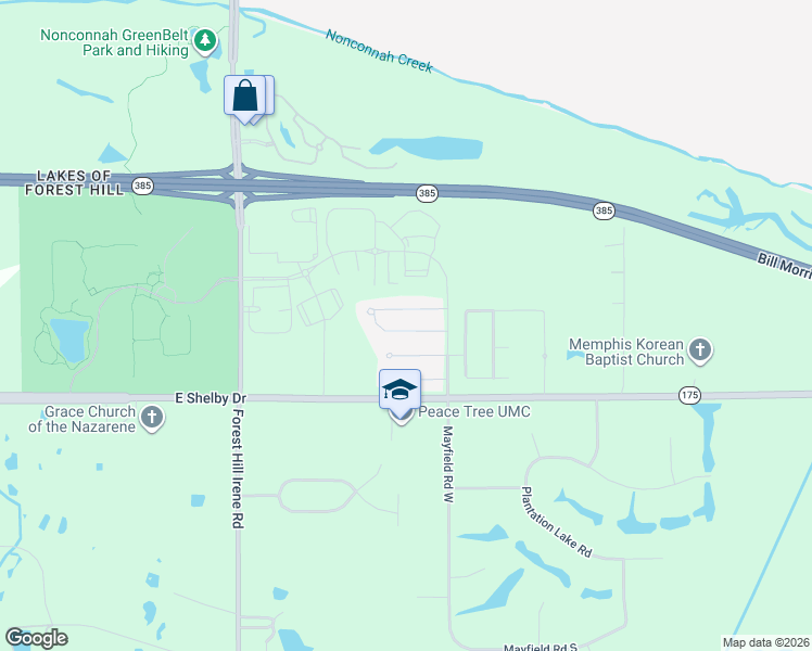 map of restaurants, bars, coffee shops, grocery stores, and more near 9307 North Fairmont Circle in Collierville