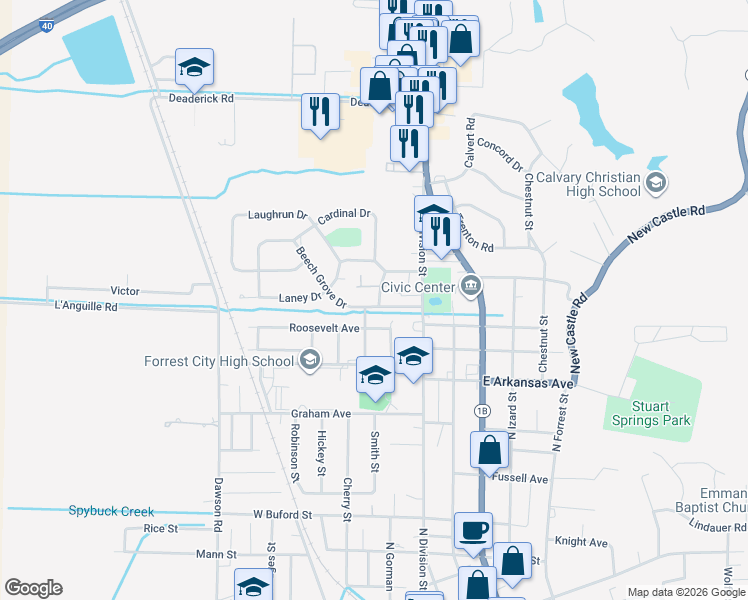 map of restaurants, bars, coffee shops, grocery stores, and more near 204 Beech Grove Drive in Forrest City